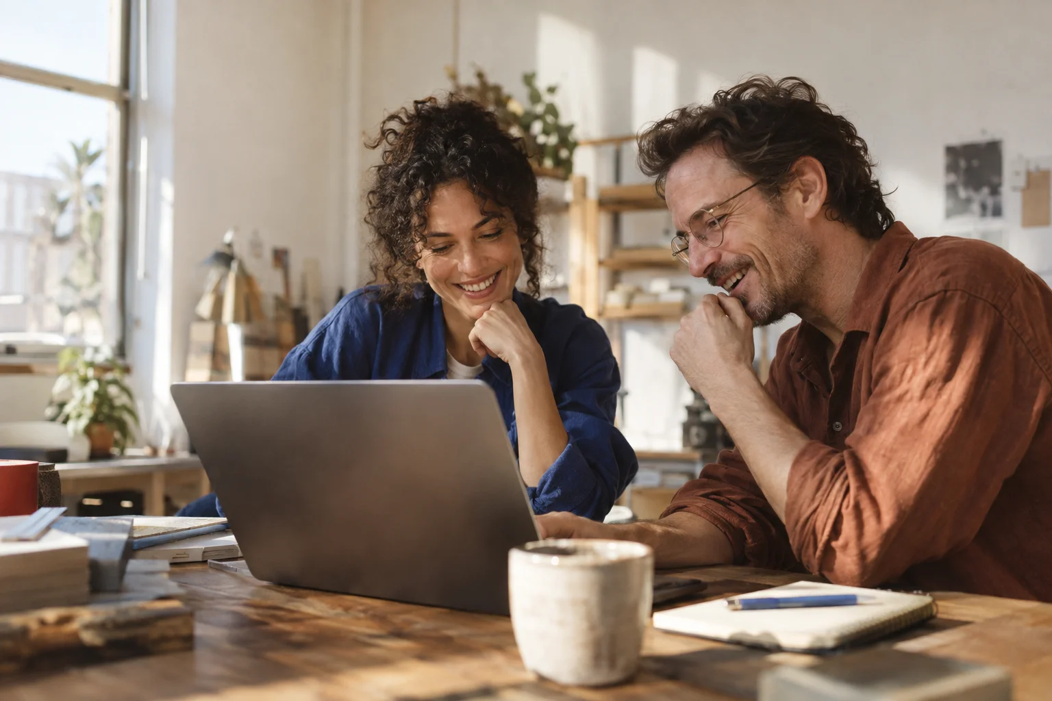 An editorial scene of two builders collaborating at a laptop