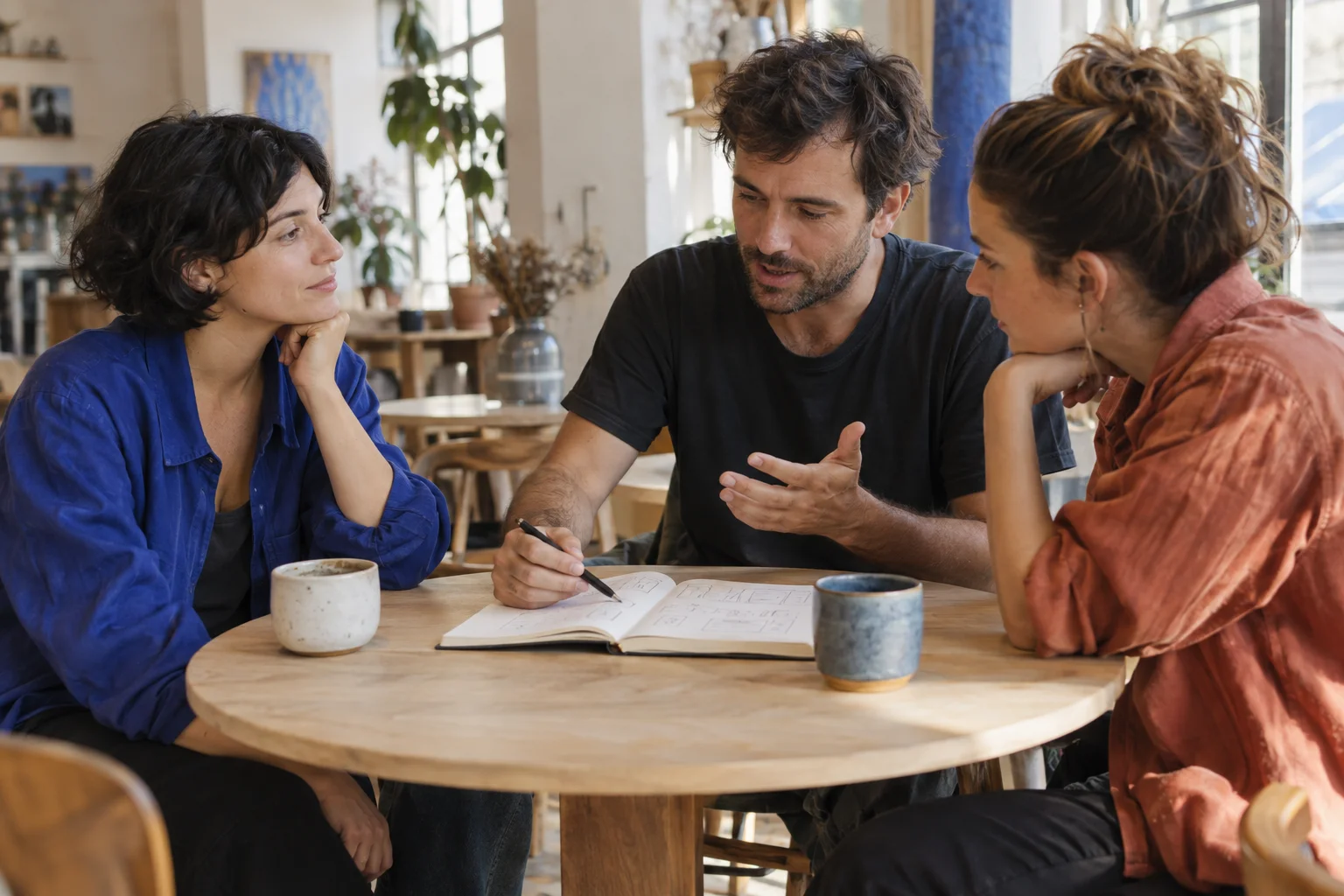 An editorial scene of three builders sharing ideas around a notebook